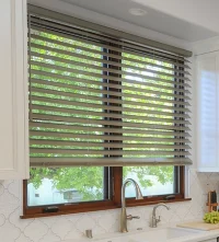 Custom window blinds in kitchen behind sink